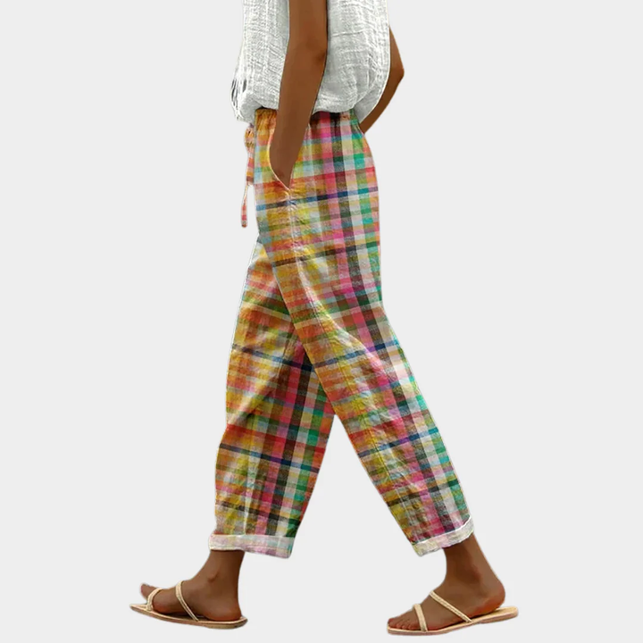 Women's multicolor plaid drawstring casual pants, relaxed fit for summer comfort and easy wear, perfect for vacation.