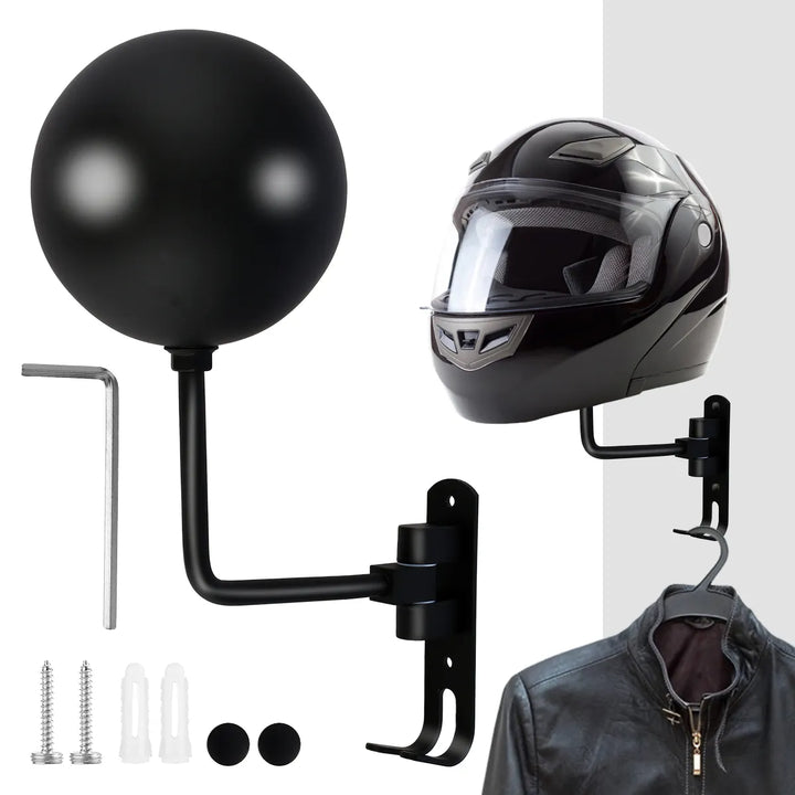 Motorcycle rider's wall storage rack securely holding a helmet, jacket, & gloves. Essential garage organizer.