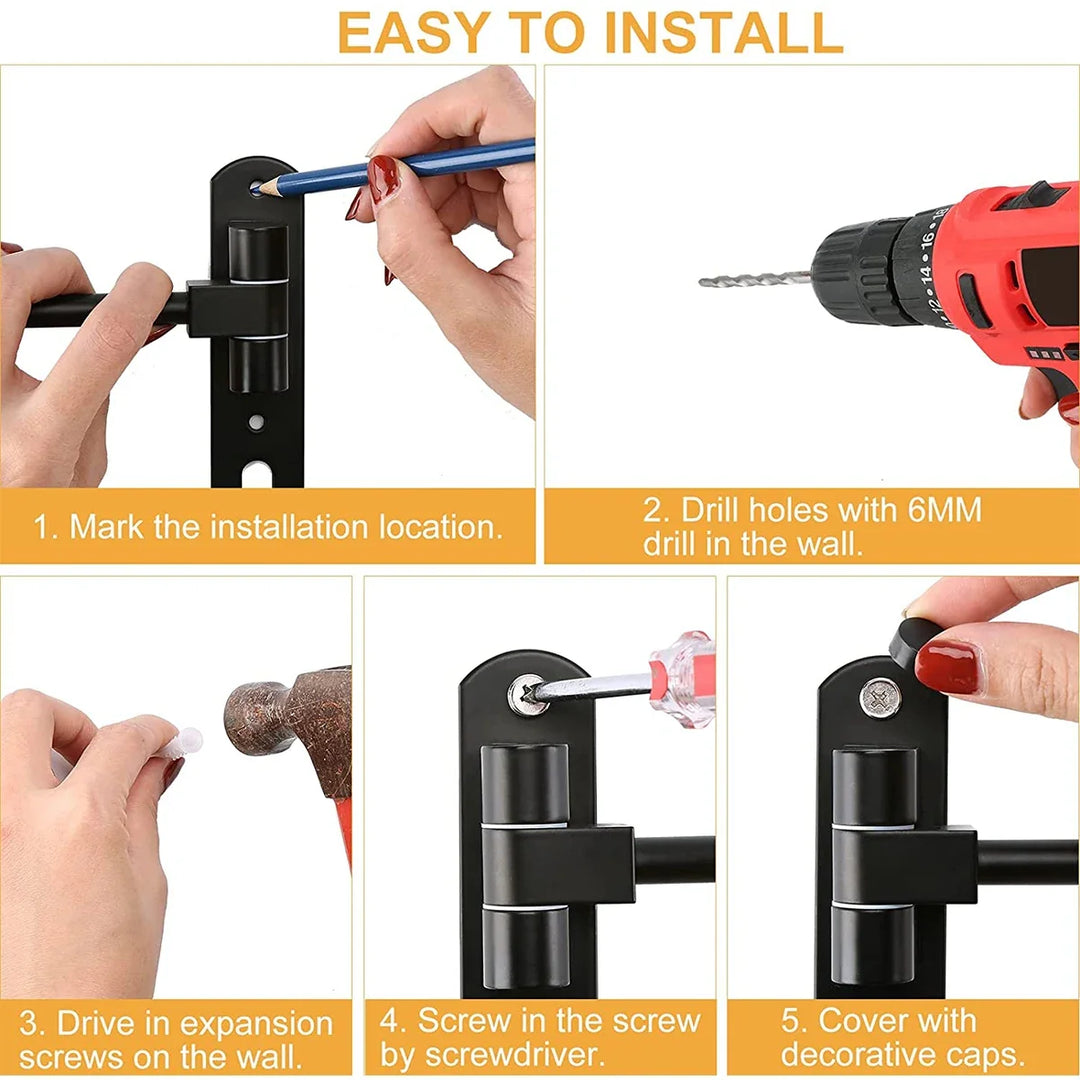Sleek black wall mount organizer for motorcycle helmets, jackets, & riding gear. Declutter your garage.