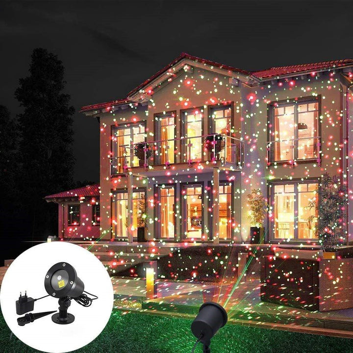 Festive outdoor laser projector creating dazzling holiday light displays on homes & gardens.