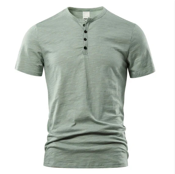 Men's casual summer Henley t-shirt with a stylish button placket, short sleeves for warm weather.