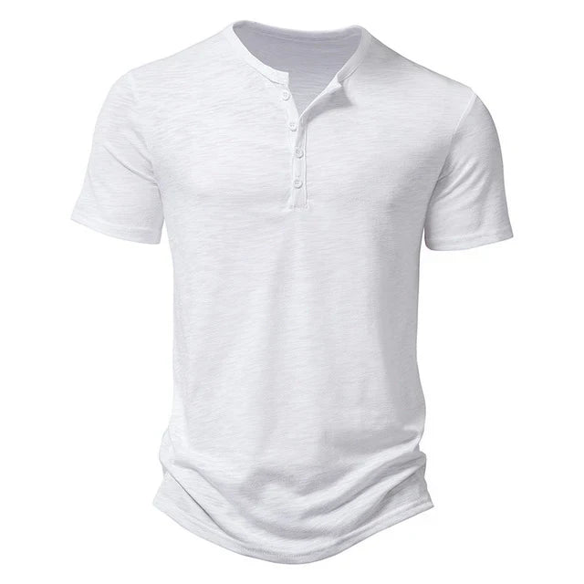 Comfortable men's Henley t-shirt, short sleeve casual top for relaxed summer days & everyday style.