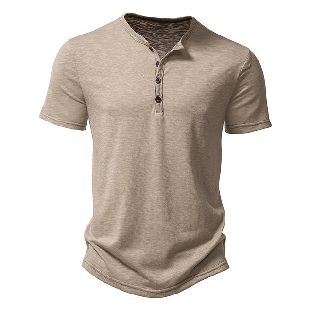 Soft men's short sleeve Henley shirt, a versatile button-up tee ideal for casual summer fashion.
