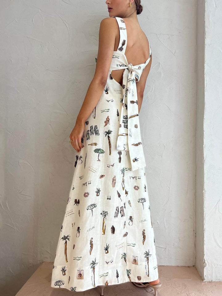 Long white maxi dress, women's elegant square neck design. Versatile for casual summer wear or evening events.