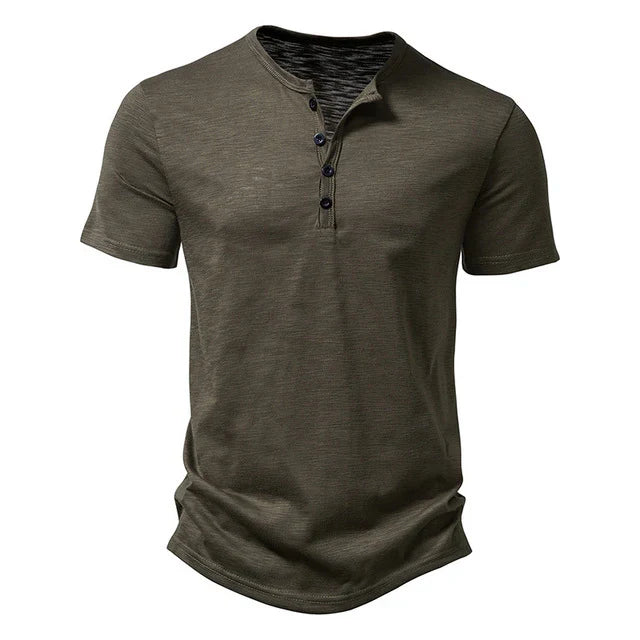 Stylish men's short sleeve Henley tee, versatile button shirt for comfortable summer casual fashion.