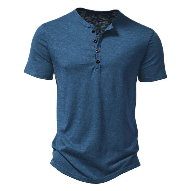 Modern men's short sleeve Henley top, breathable & comfortable t-shirt for versatile summer casual wear.