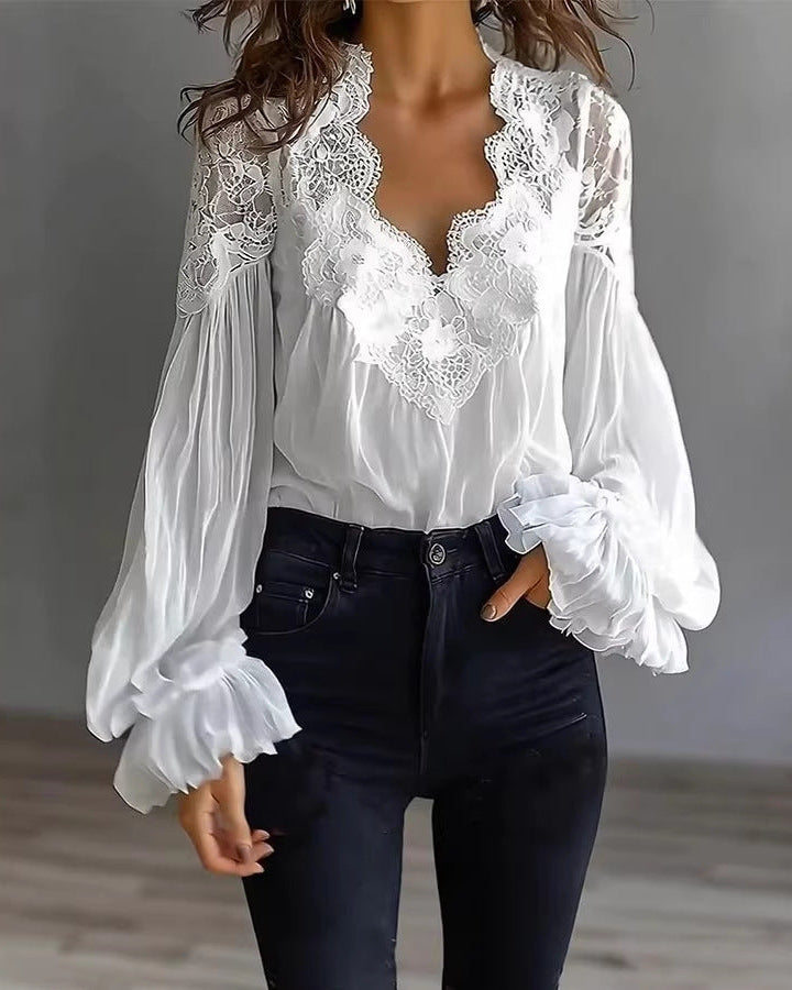 Elegant women's V-neck blouse with puffed ruffle long sleeves, perfect for evening wear and parties.