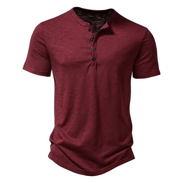 Essential men's short sleeve Henley tee, comfortable and stylish for everyday summer casual outfits.