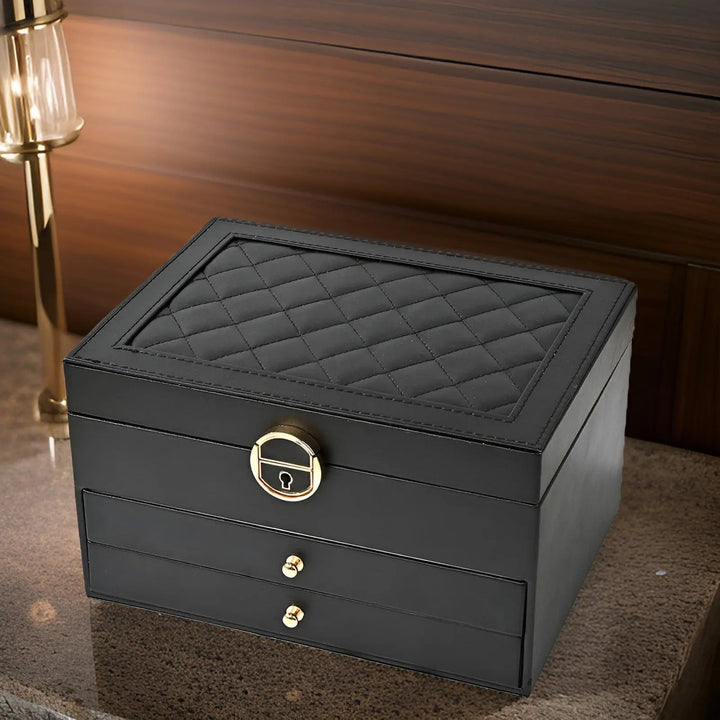 Chic multi-tier jewelry case, ideal for organizing rings, necklaces, and earrings on your vanity.