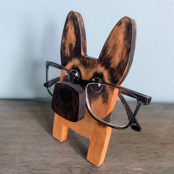 Cute wooden animal glasses holder, perfect for desk decor, eyewear organization & gifts.
