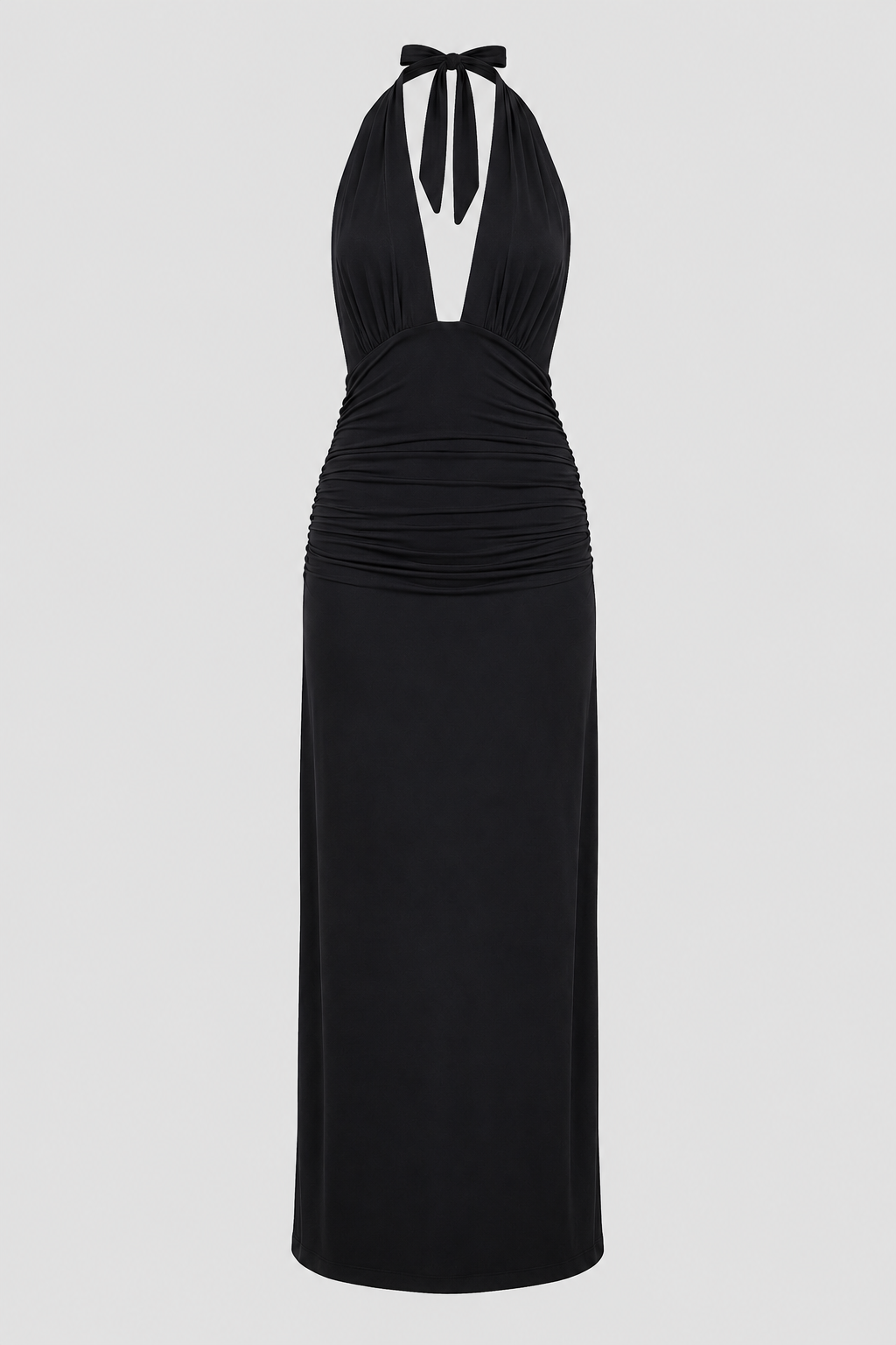 Women's plunge halter maxi dress with open back. Elegant evening gown for formal parties & special occasions.
