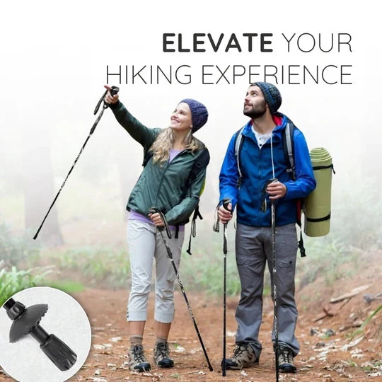 Durable alloy steel automatic retractable walking stick provides stable support on rugged hiking trails.