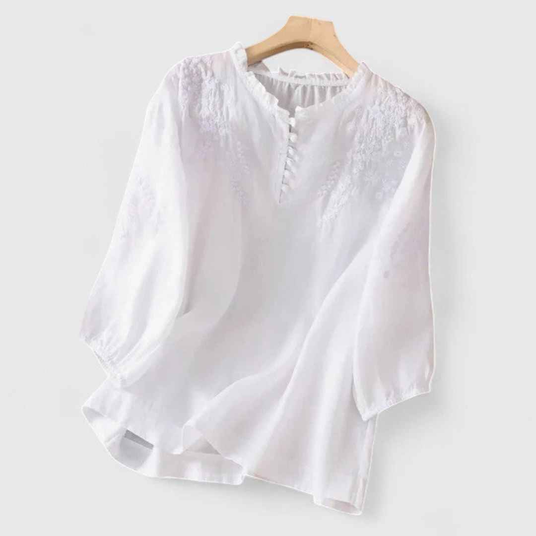 Elegant women's embroidered blouse with a chic ruffle collar & playful pom-pom trim. Perfect for summer casual wear.