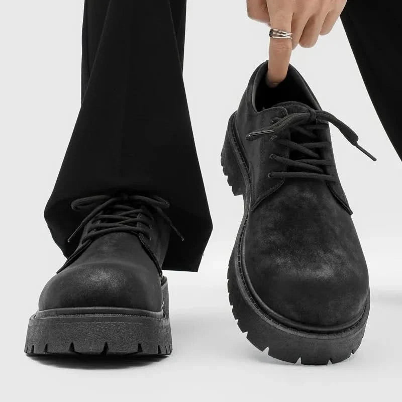 Durable men's black chunky sole Derby dress shoes, offering formal comfort and a stylish casual footwear option.