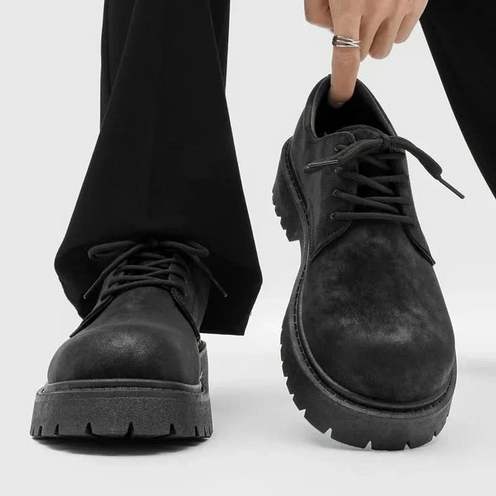 Durable men's black chunky sole Derby dress shoes, offering formal comfort and a stylish casual footwear option.