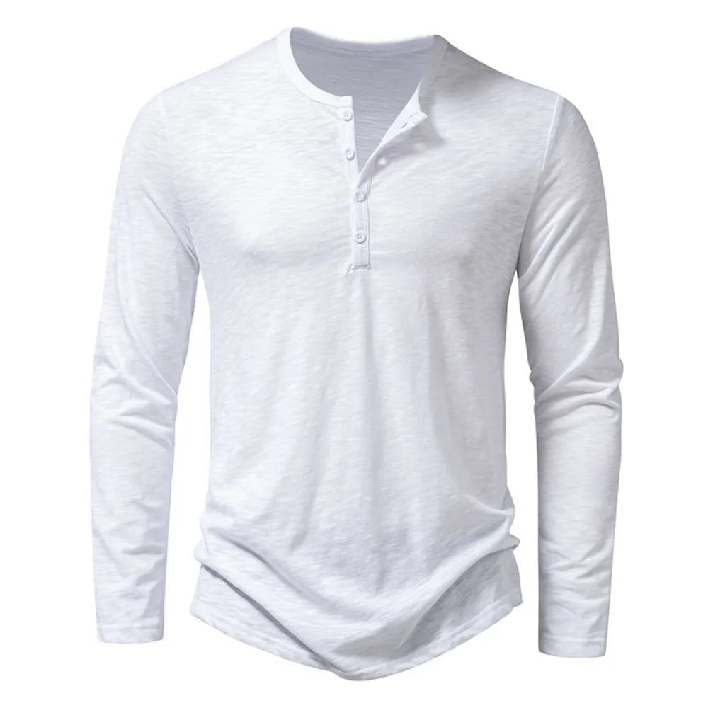 Neatly folded men's classic slim fit henley shirt. Versatile long sleeve casual wear essential.
