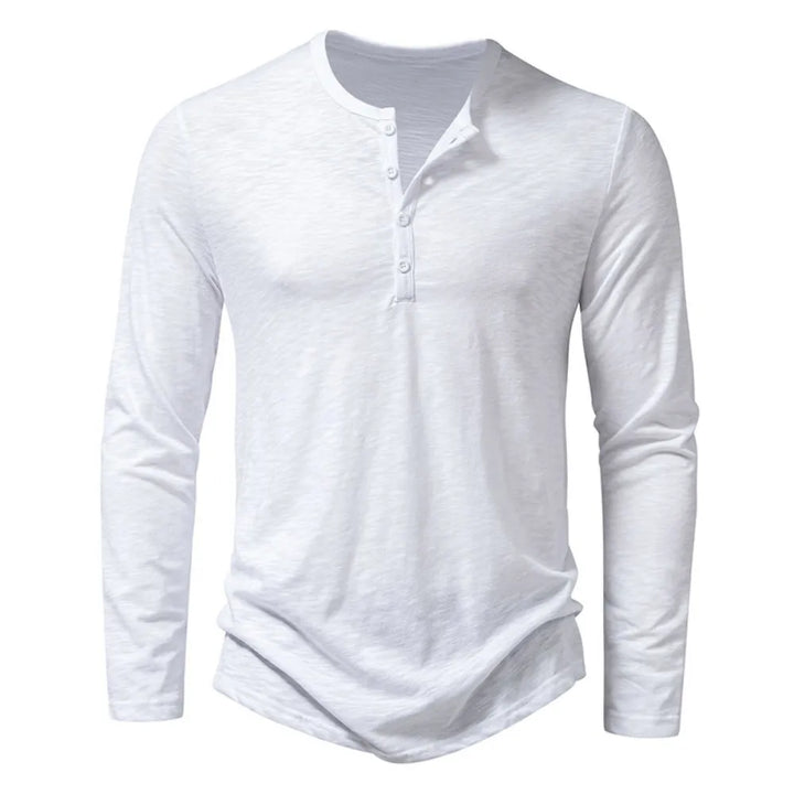 Neatly folded men's classic slim fit henley shirt. Versatile long sleeve casual wear essential.