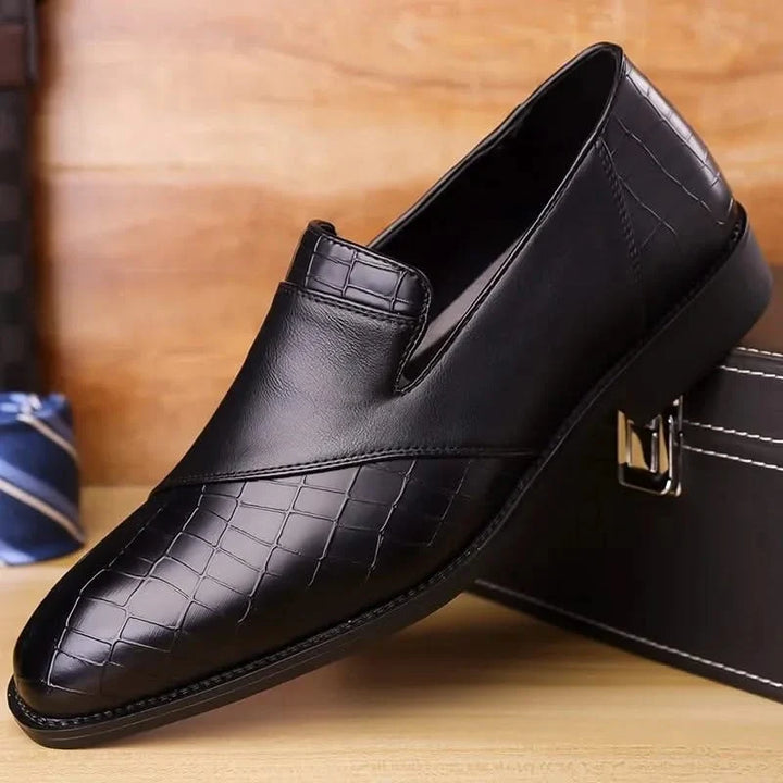 Sleek front profile of men's everyday slip-on loafers, a versatile choice for casual & business wear.