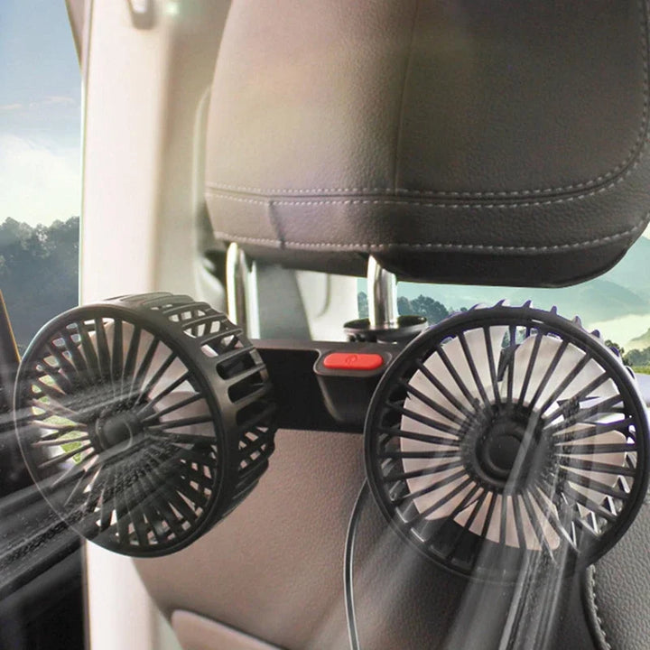 Portable USB car fan with dual heads, 3 speeds, and 360° rotation. Perfect auto accessory for personal cooling.