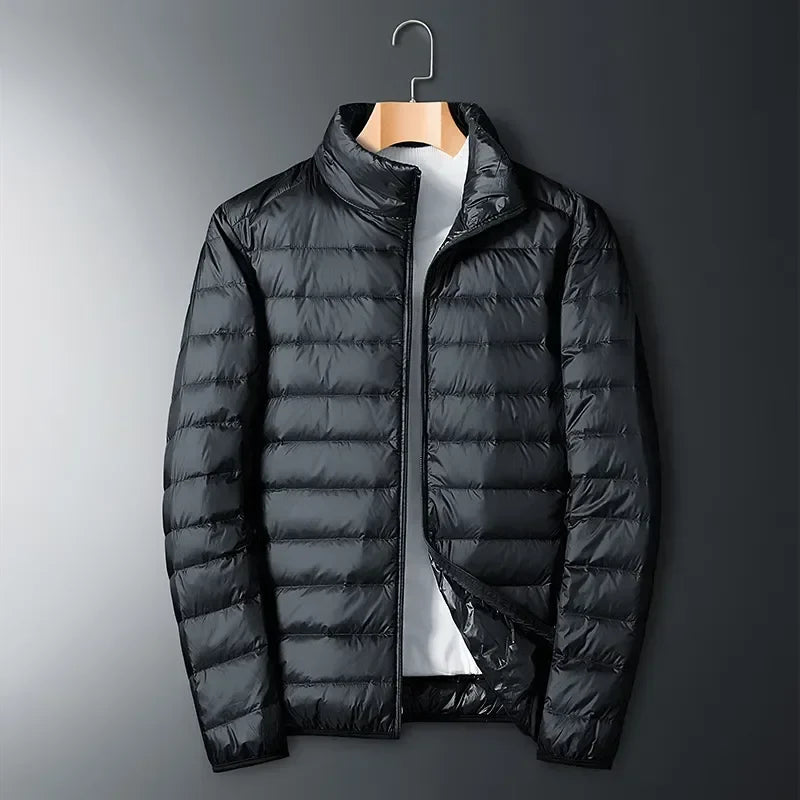 Person wearing a versatile lightweight packable puffer jacket for outdoor adventures, travel & cold weather protection.