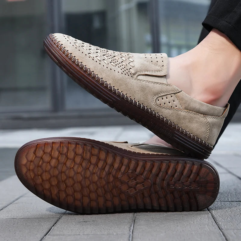 Man wearing hand-stitched casual loafers, showcasing comfort and stylish men's fashion.