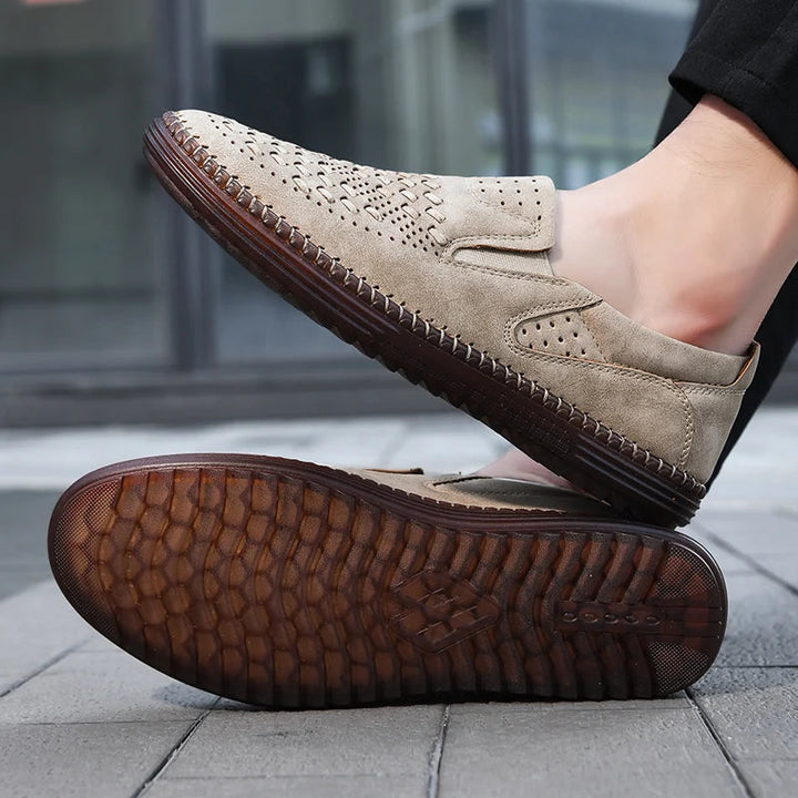 Man wearing hand-stitched casual loafers, showcasing comfort and stylish men's fashion.