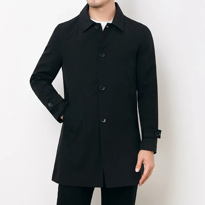 Stylish men's water-repellent overcoat, perfect all-season trench coat for sophisticated formal & casual looks.