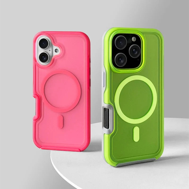 Non-slip neon iPhone protective case with magnetic grip, supports wireless charging & dustproof.