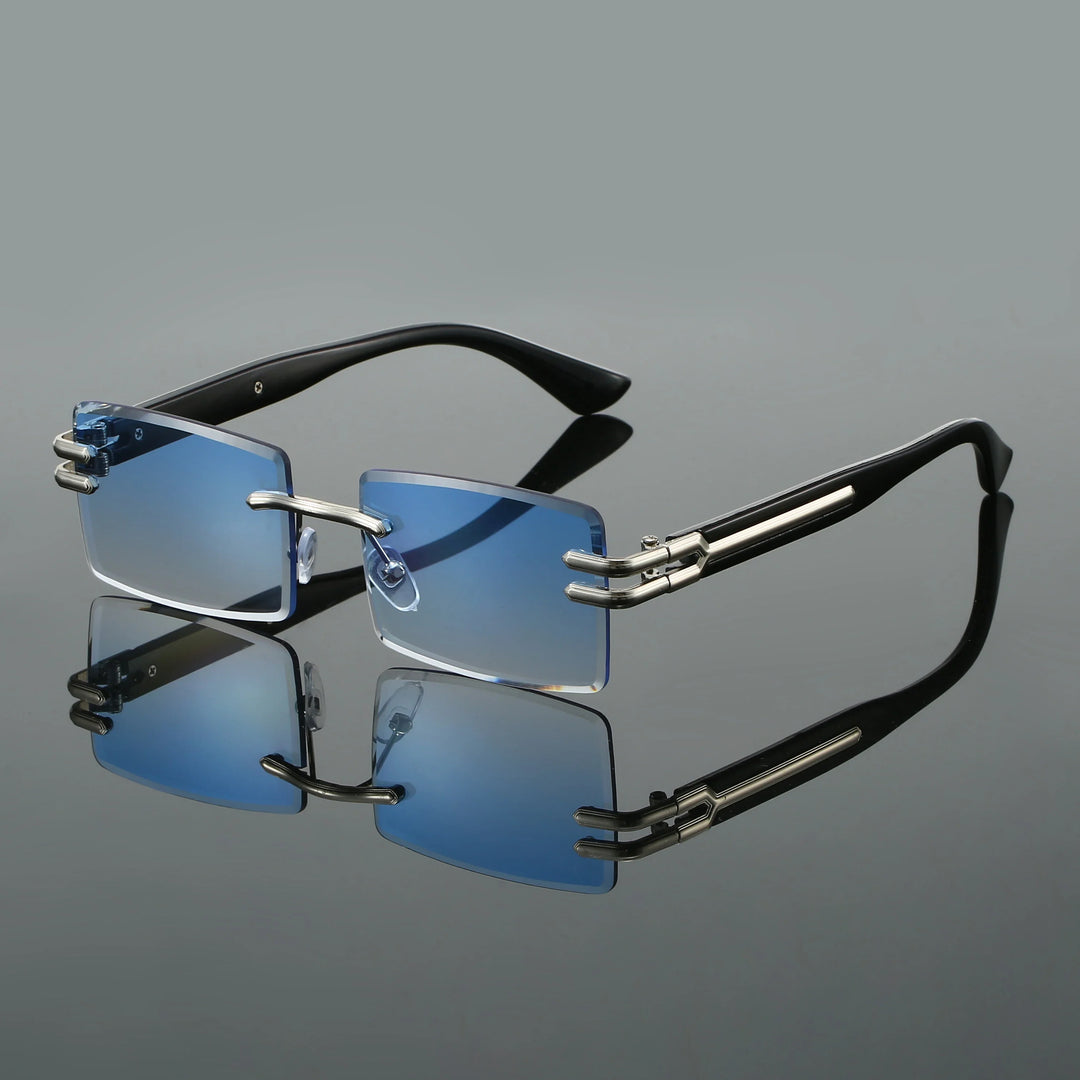 Unisex stylish rimless rectangular sunglasses with gradient lenses, offering UV400 protection. Fashion eyewear.