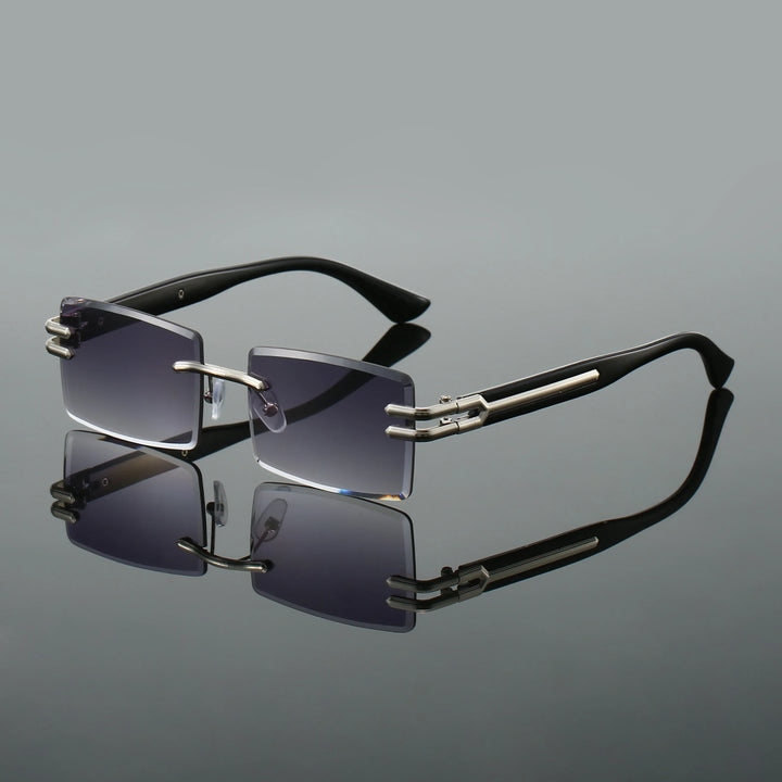 Trendy unisex rectangular rimless sunglasses. Fashionable eyewear with protective gradient UV400 lenses.