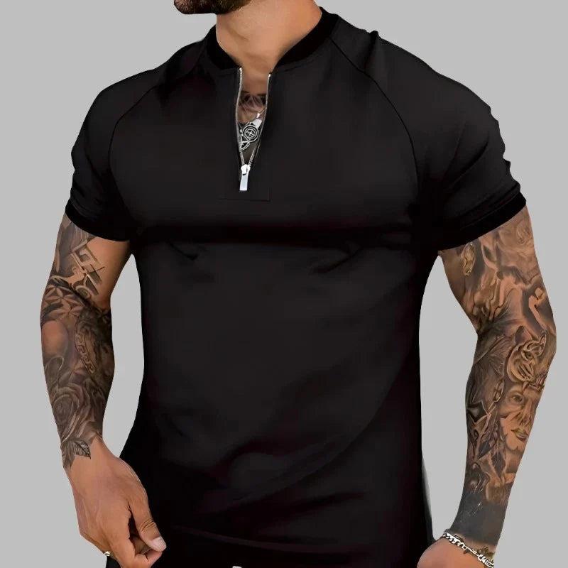 Comfortable fit men's zip shirt, stylish contrasting collar. Ideal for modern fashion and everyday wear.