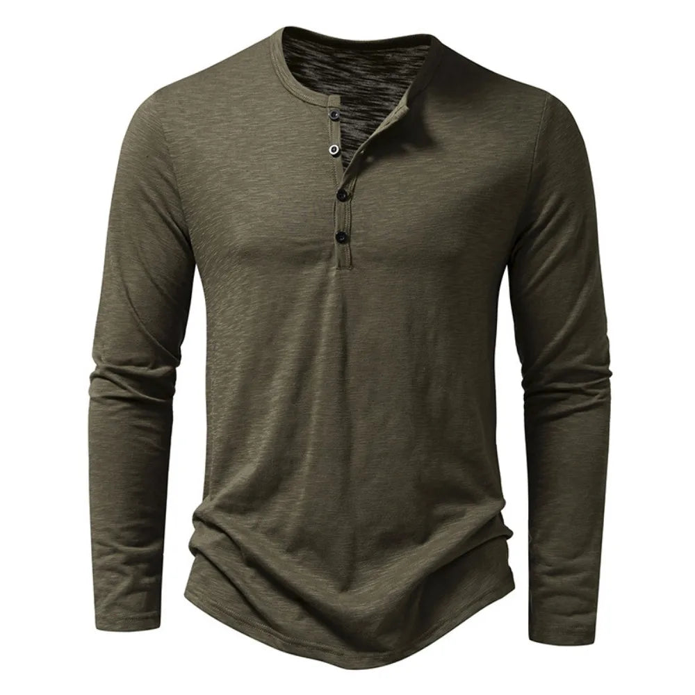 Men's modern slim fit henley shirt, perfect for versatile everyday style. Classic long sleeve comfort.
