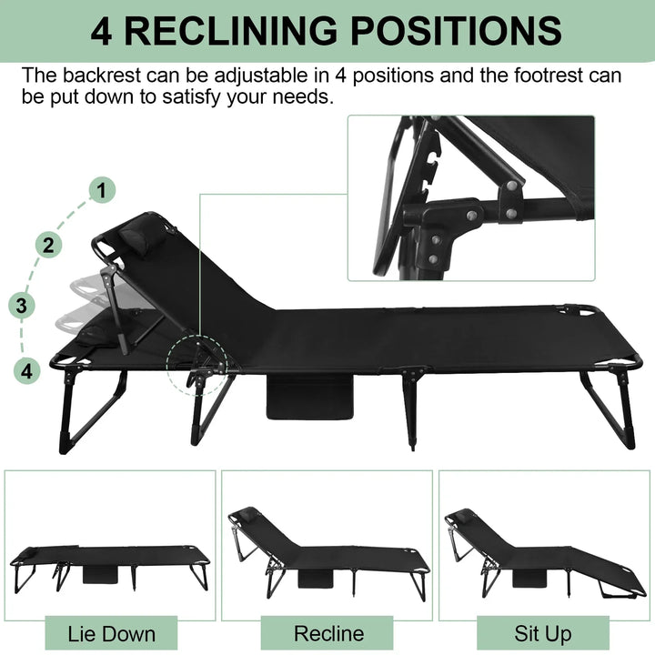 Relaxing adjustable outdoor lounge cot with built-in pillow, ideal backyard furniture or sun lounger.