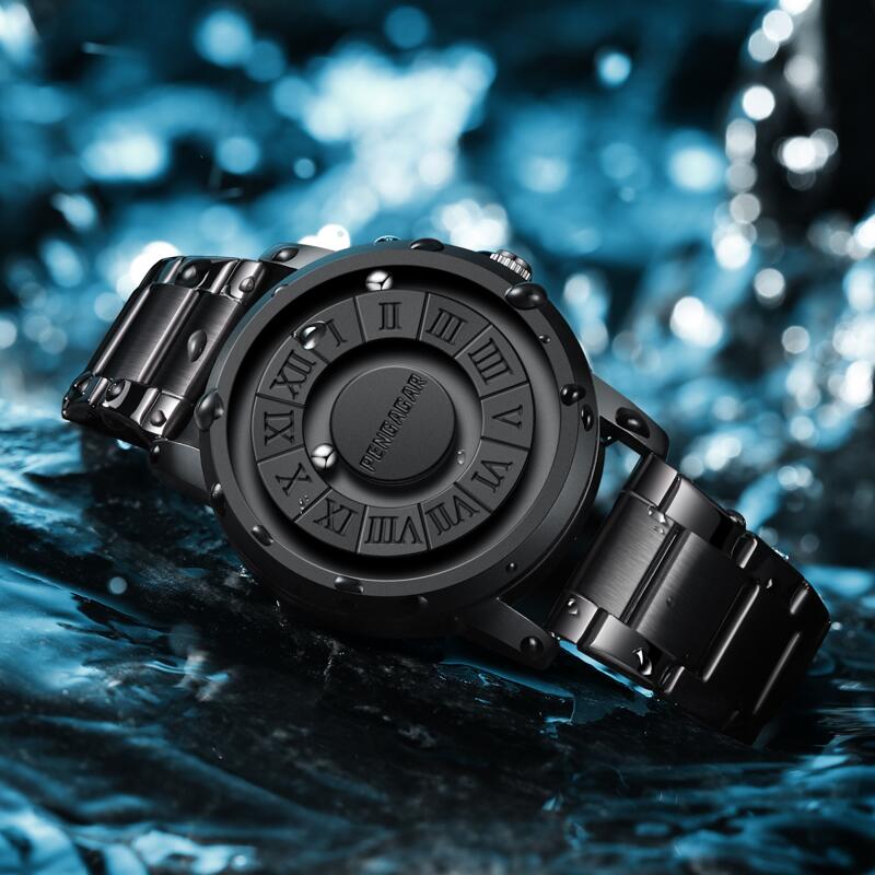 Close-up of black unisex watch showing Roman numerals & the intriguing magnetic scrolling time display.