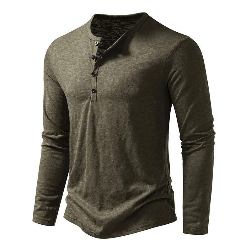 Comfortable men's long sleeve henley shirt, slim fit for casual everyday wear. A wardrobe essential.