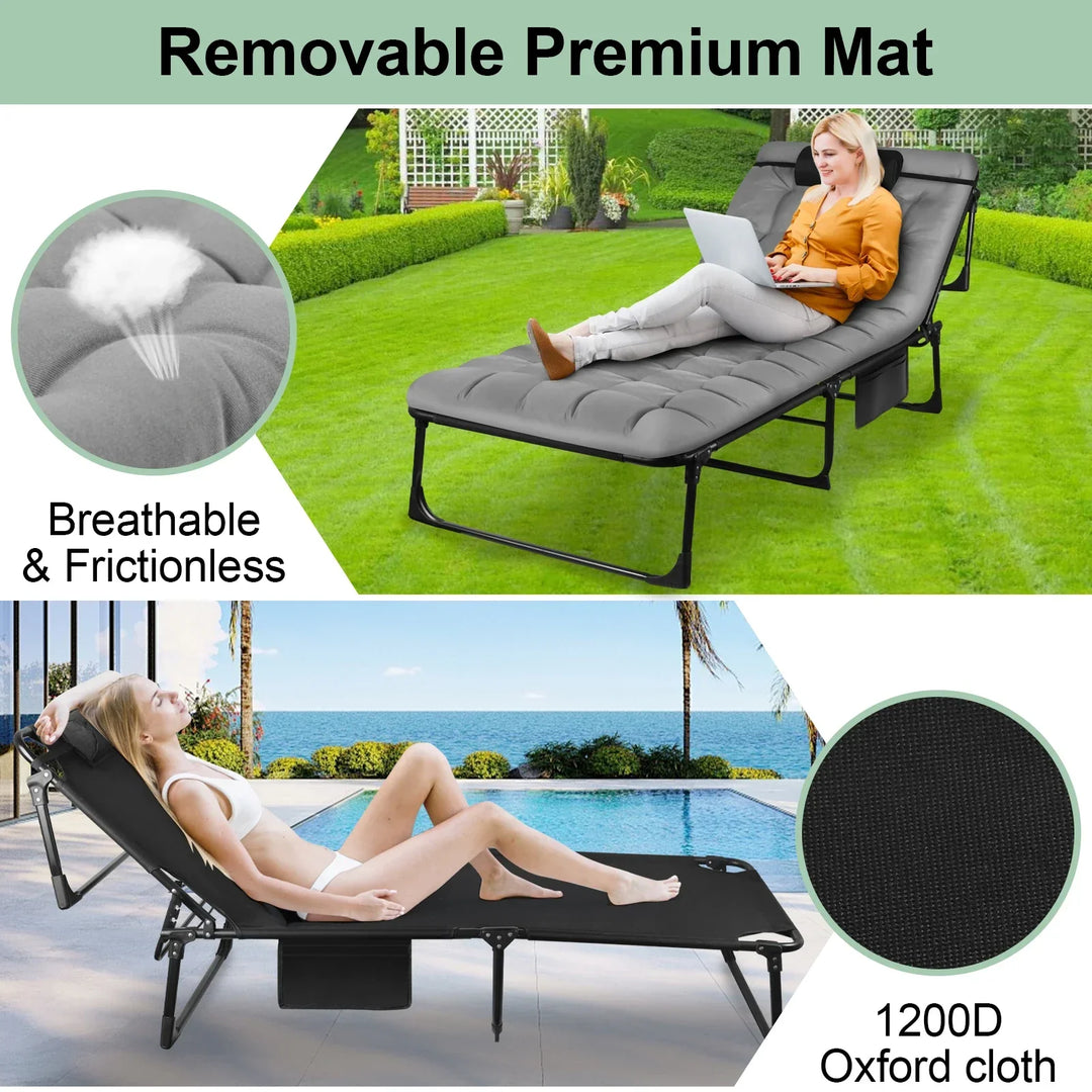 Unisex outdoor lounge cot with built-in pillow, a versatile adjustable recliner for camping or backyard use.