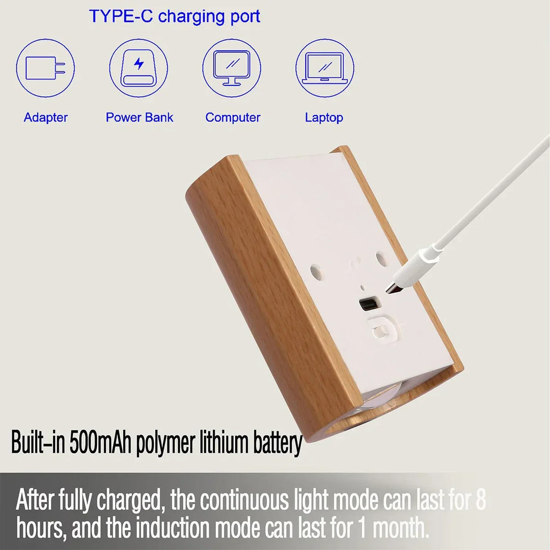 Magnetic mount smart motion sensor wall light, rechargeable with warm white LED & stylish wooden finish for easy setup.