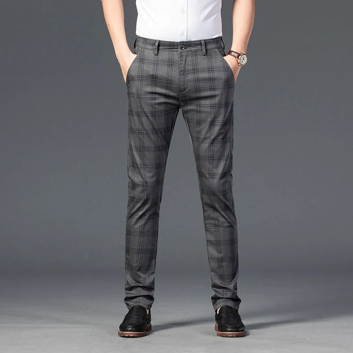Men's comfortable stretch plaid dress pants, ideal for business meetings or formal events.