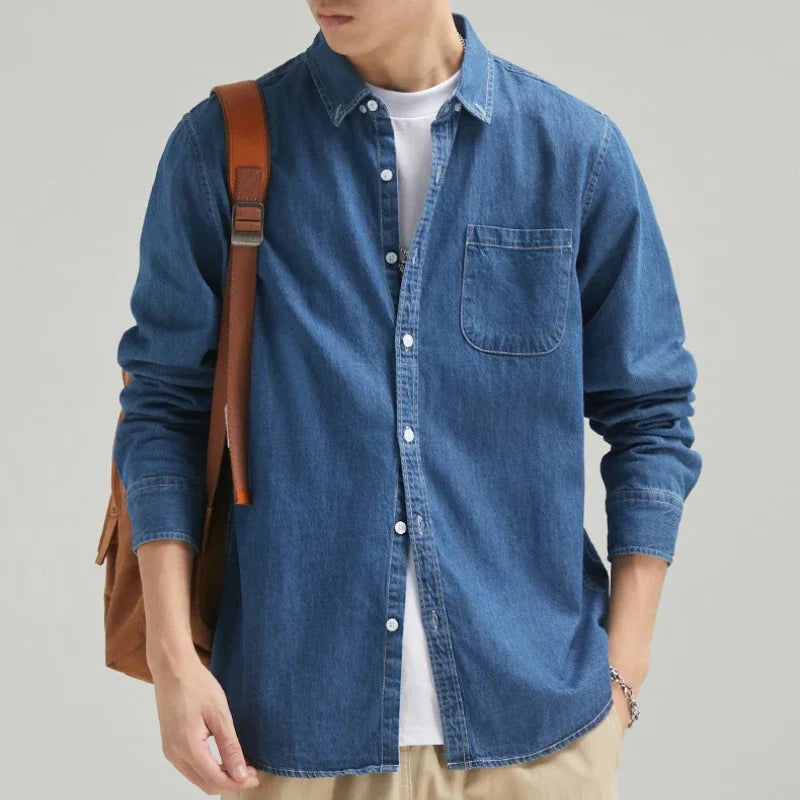 Men's classic blue denim long-sleeve button-down shirt for effortless casual style & everyday wear.