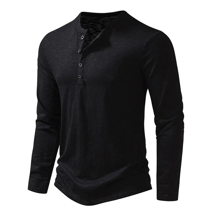 Men's everyday style henley shirt, comfortable slim fit. Classic long sleeve casual apparel.