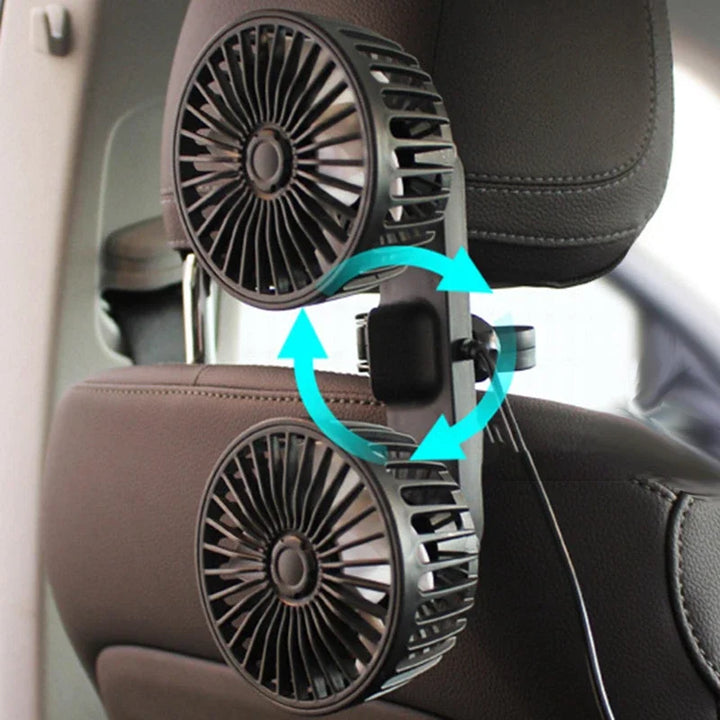 360° rotating dual-head USB car fan provides multi-directional airflow. 3-speed settings for optimal vehicle comfort.