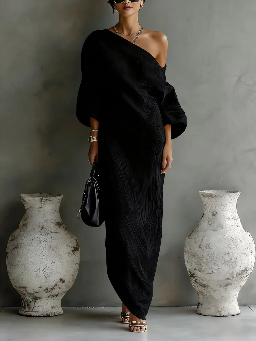 Effortless women's one shoulder asymmetrical dress. Casual yet elegant with a relaxed batwing sleeve, great for summer.