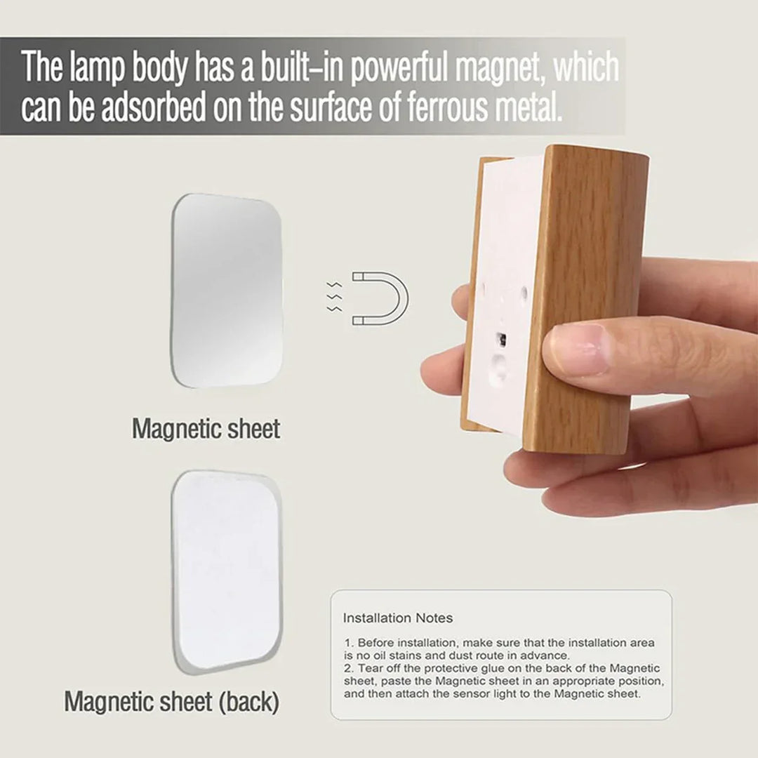 Wooden finish rechargeable motion sensor wall light, warm white LED for hallways, closets & intelligent night lighting.