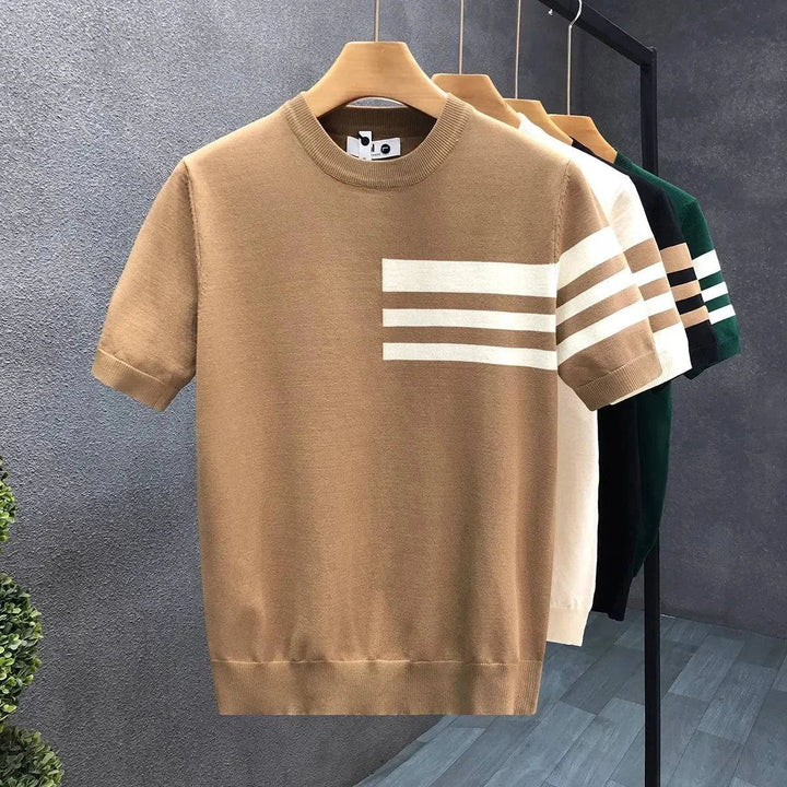 Stylish men's brown crewneck pullover sweater. Soft knit long sleeve casual top for fall & winter fashion.