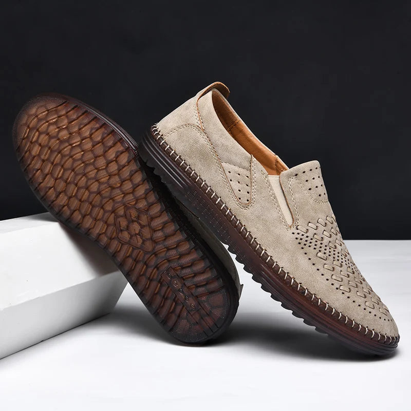 Side view of stylish men's slip-on loafers, flexible outsole for dress casual fashion.