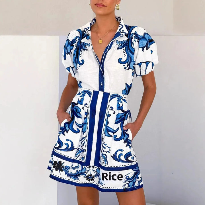 Vibrant floral puff sleeve mini sundress for women, perfect for summer days.