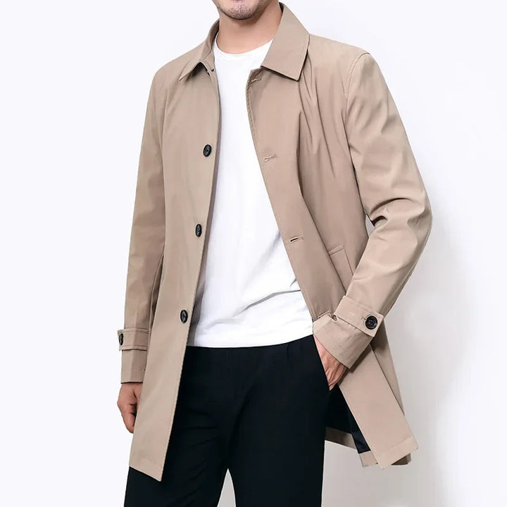 Khaki men's water-resistant overcoat. Ideal casual & formal all-season trench coat for versatile style.