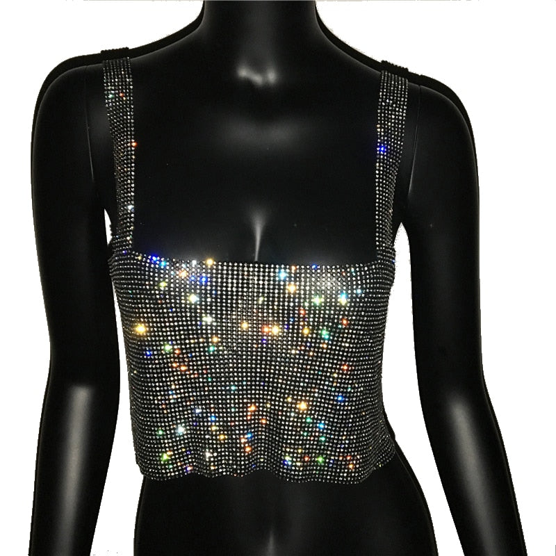 Shimmering women's bling crop top, designed for a dazzling evening look. Trendy short party wear.