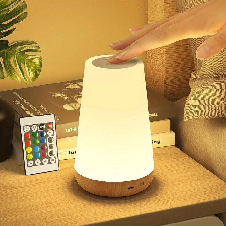 Portable USB rechargeable LED night light with vibrant RGB colors & responsive touch control.