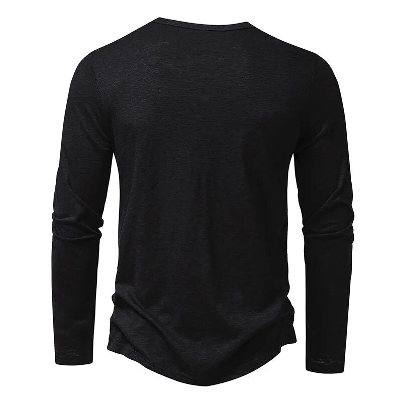 Men's classic everyday henley shirt, slim fit long sleeve. Versatile casual apparel flat lay.